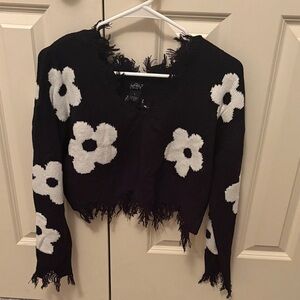 Black and White Floral V-Neck Sweater